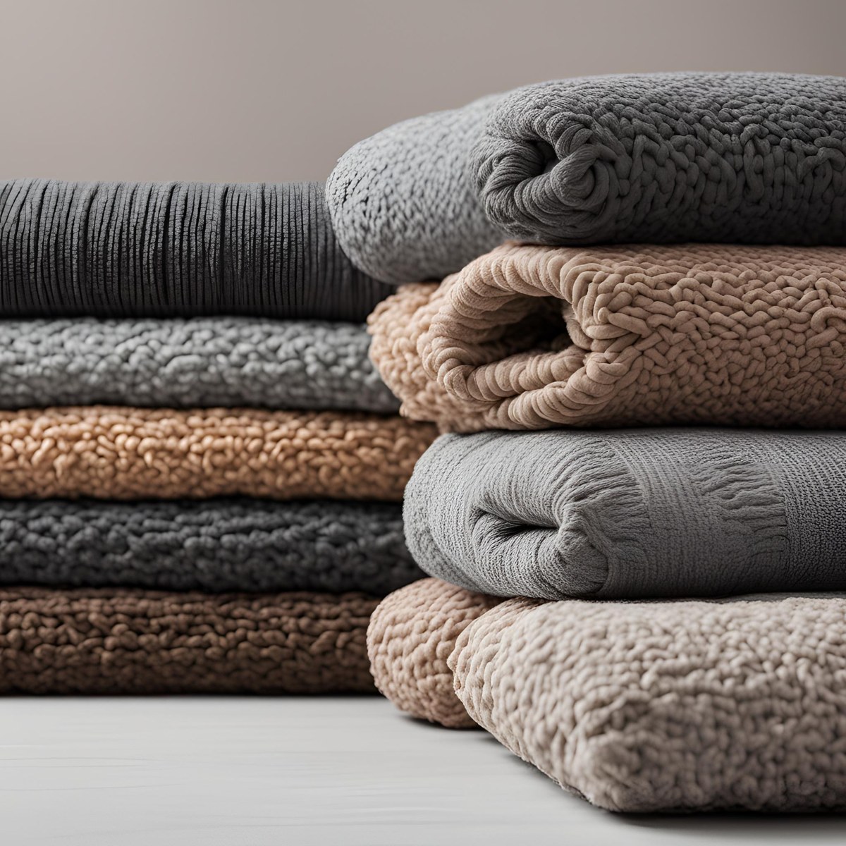 Folded blankets with woven and knitted textures